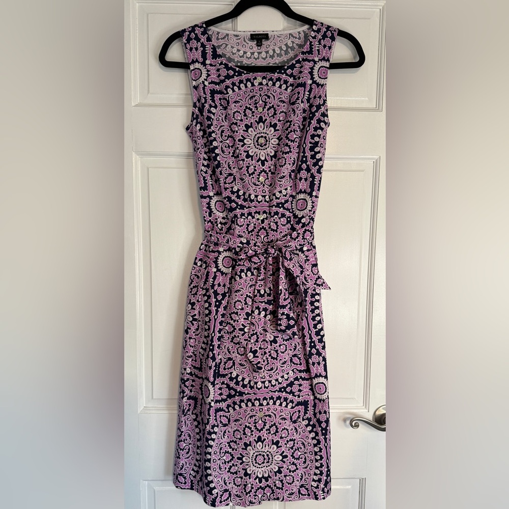 Talbots Pink and Navy Sleeveless Midi Dress with Waist Tie